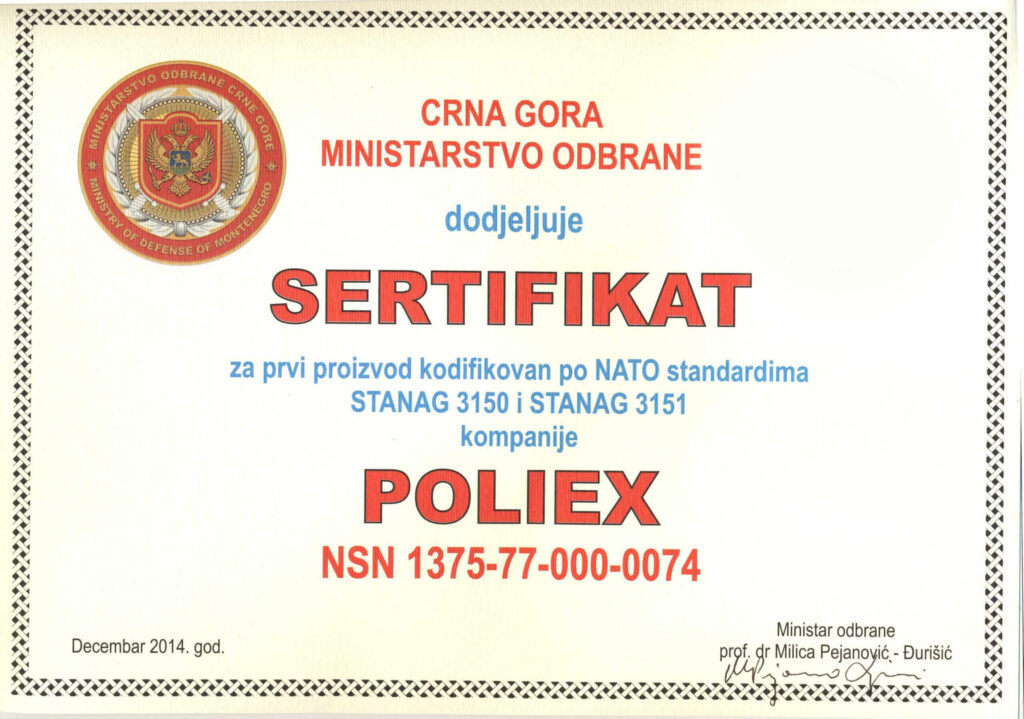 Sertifikat proizvod kodifikovan po NATO standardima Poliex Crna Gora